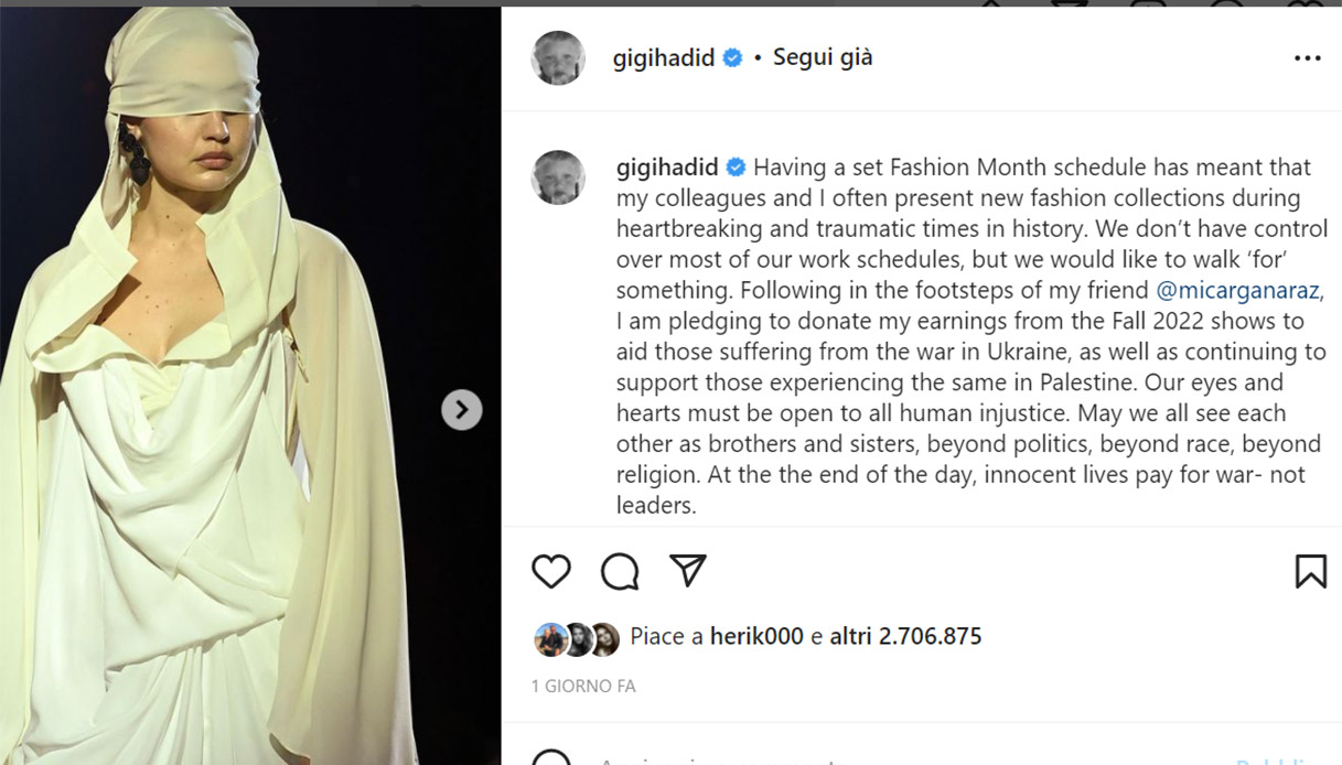 Gigi Hadid: cachet devolved to Ukraine