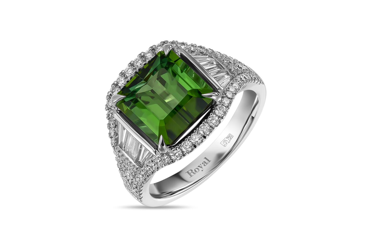 Octagon-cut diamond and tourmaline ring, 4.06 carats