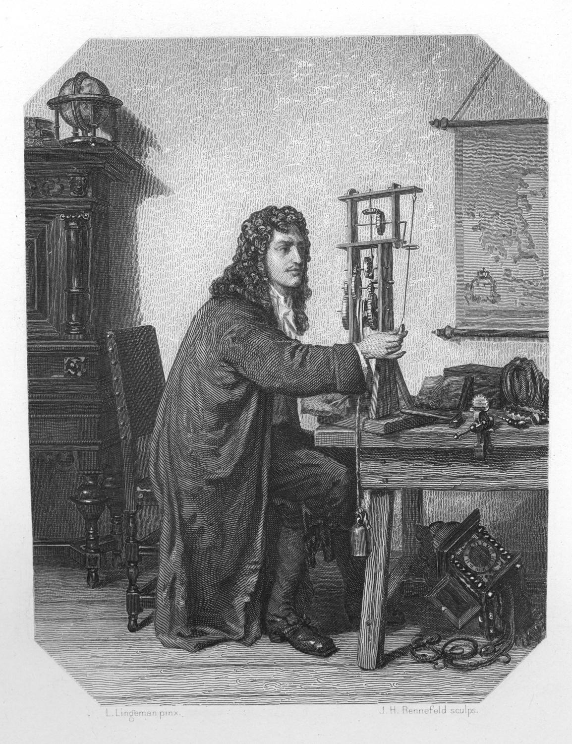 Christiaan Huygens developed pendulum clocks and applied the balance spring to pocket watches.  Imprint from Nederlands Geschiedenis en Volksleven in Schetsen by J. Van Lenner and J. Ter Gau.  (circa 1870)