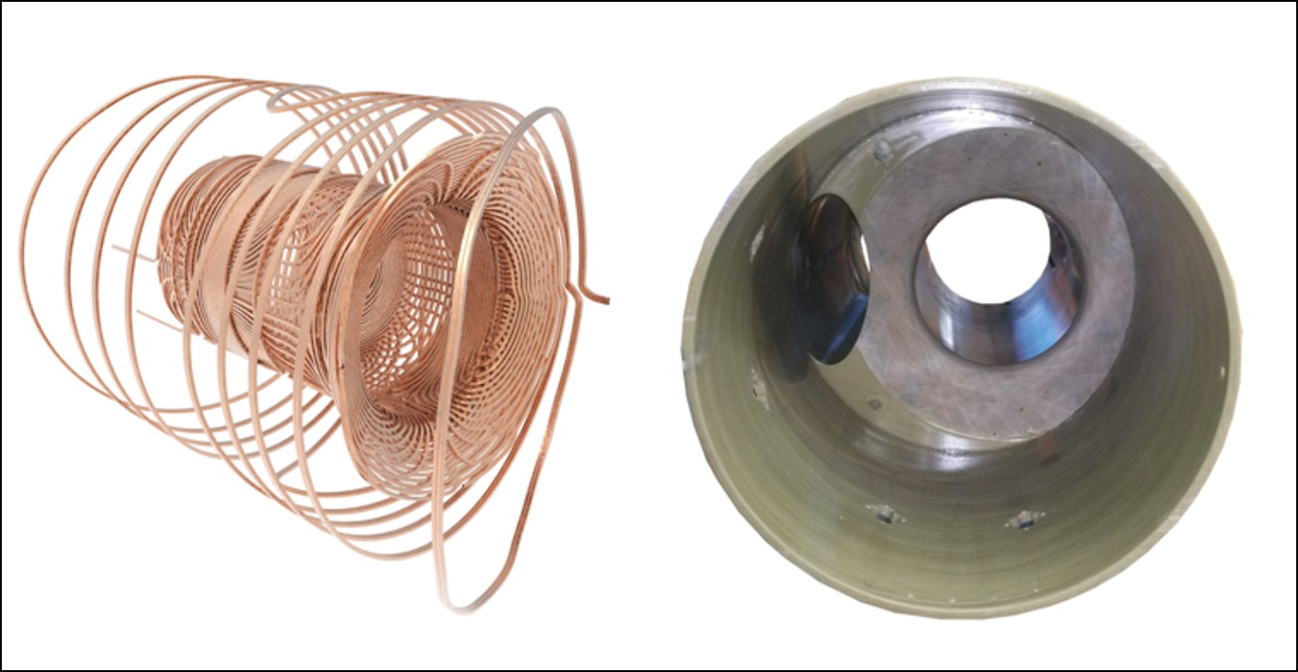 The coils that generate the magnetic field (left) and a visualization of the entire scanner (right).
