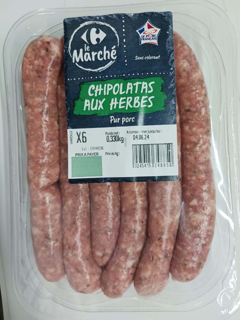 recall of Chipolatas, chipolatas with herbs, sausage meat, vegetable stuffing, smoked sausages